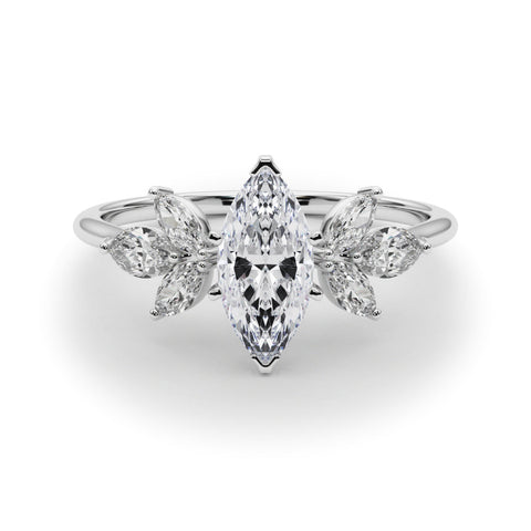 Silver Marquise Diamond Floral Cluster Ring with Marquise Side Stones and Six-Prong Solitaire Setting