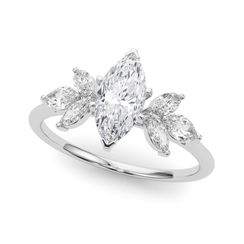 Platinum Marquise Diamond Floral Cluster Ring with Marquise Side Stones and Six-Prong Solitaire Setting