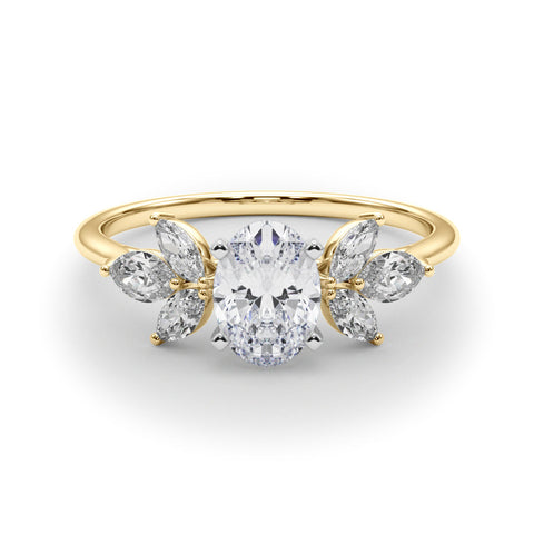 Yellow gold Oval Diamond Floral Cluster Ring with Marquise Side Stones and Six-Prong Solitaire Setting