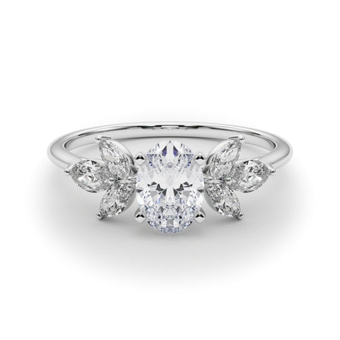 Platinum Oval Diamond Floral Cluster Ring with Marquise Side Stones and Six-Prong Solitaire Setting