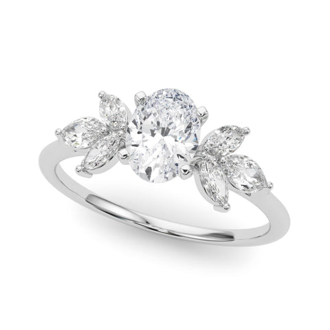 Platinum Oval Diamond Floral Cluster Ring with Marquise Side Stones and Six-Prong Solitaire Setting