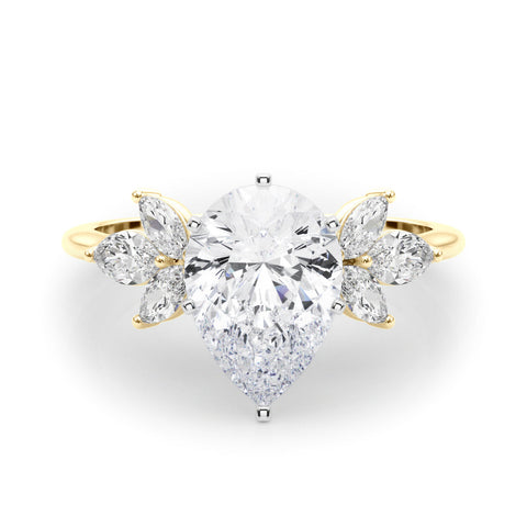 Yellow gold Pear Diamond Floral Cluster Ring with Marquise Side Stones and Six-Prong Solitaire Setting