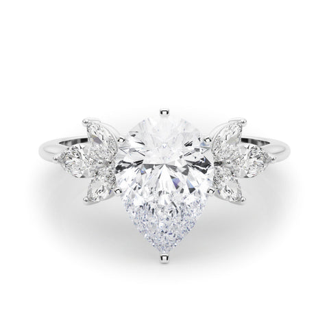 Platinum Pear Diamond Floral Cluster Ring with Marquise Side Stones and Six-Prong Solitaire Setting