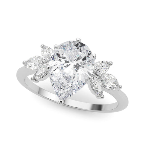 Platinum Pear Diamond Floral Cluster Ring with Marquise Side Stones and Six-Prong Solitaire Setting