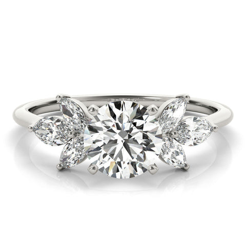 Platinum Round Diamond Floral Cluster Ring with Marquise Side Stones and Six-Prong Solitaire Setting