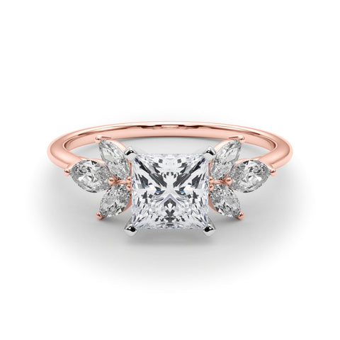 Rose gold Princess Diamond Floral Cluster Ring with Marquise Side Stones and Six-Prong Solitaire Setting