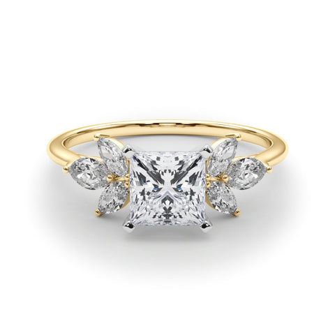 Yellow gold Princess Diamond Floral Cluster Ring with Marquise Side Stones and Six-Prong Solitaire Setting