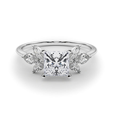 Platinum Princess Diamond Floral Cluster Ring with Marquise Side Stones and Six-Prong Solitaire Setting