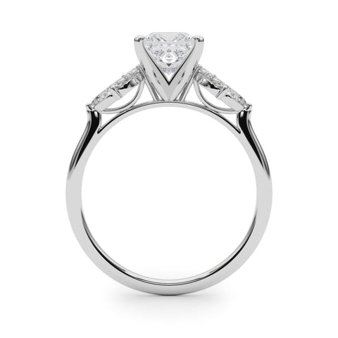 Platinum Princess Diamond Floral Cluster Ring with Marquise Side Stones and Six-Prong Solitaire Setting