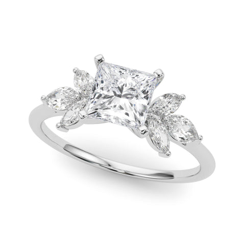 Platinum Princess Diamond Floral Cluster Ring with Marquise Side Stones and Six-Prong Solitaire Setting