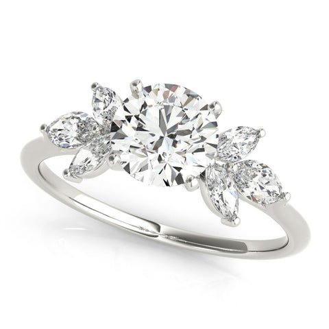 Silver Round Diamond Floral Cluster Ring with Marquise Side Stones and Six-Prong Solitaire Setting