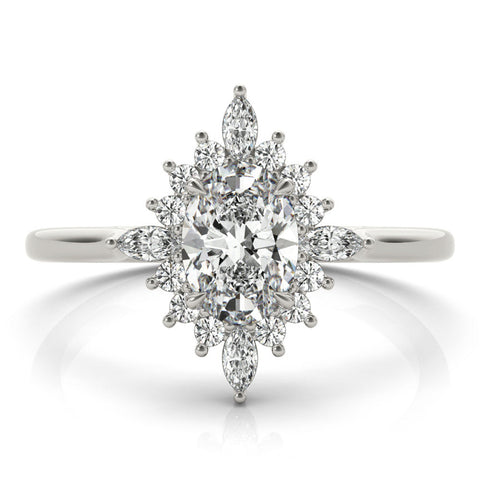 White gold Oval Halo Diamond Cluster Ring with Marquise and Round Stones on a White Gold Band with Prong Setting