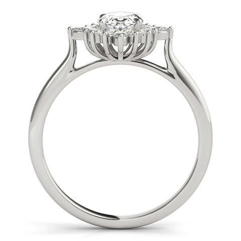 White gold Oval Halo Diamond Cluster Ring with Marquise and Round Stones on a White Gold Band with Prong Setting