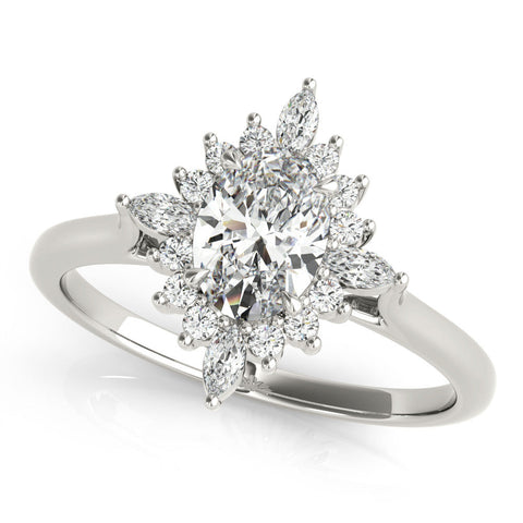 White gold Oval Halo Diamond Cluster Ring with Marquise and Round Stones on a White Gold Band with Prong Setting