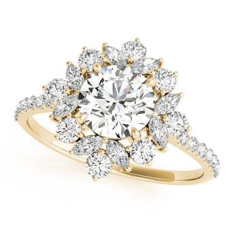 Yellow gold Round Halo Diamond Floral Cluster Ring with Pavé Band and Prong Setting