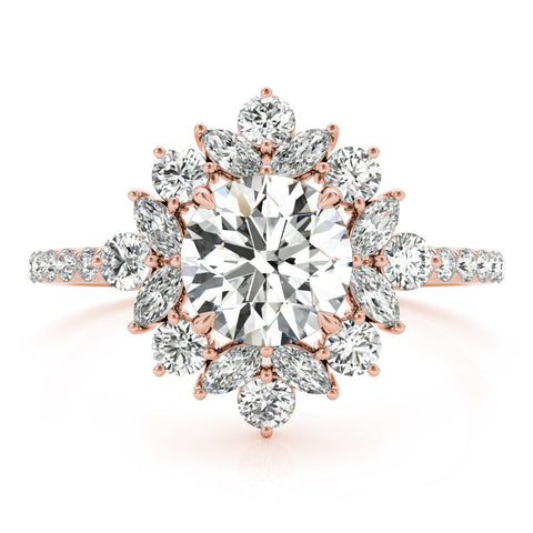 Rose gold Round Halo Diamond Floral Cluster Ring with Pavé Band and Prong Setting