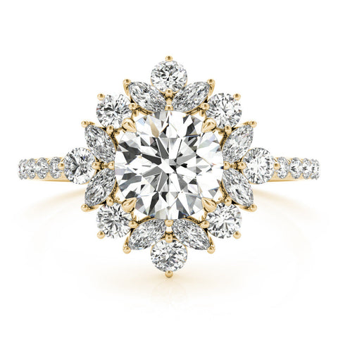 Yellow gold Round Halo Diamond Floral Cluster Ring with Pavé Band and Prong Setting