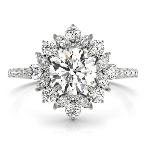 Platinum Round Halo Diamond Floral Cluster Ring with Pavé Band and Prong Setting