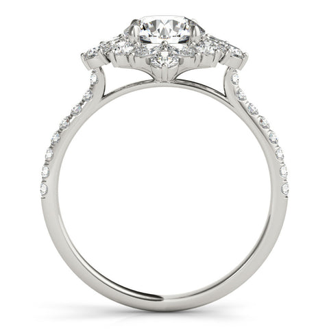 Platinum Round Halo Diamond Floral Cluster Ring with Pavé Band and Prong Setting