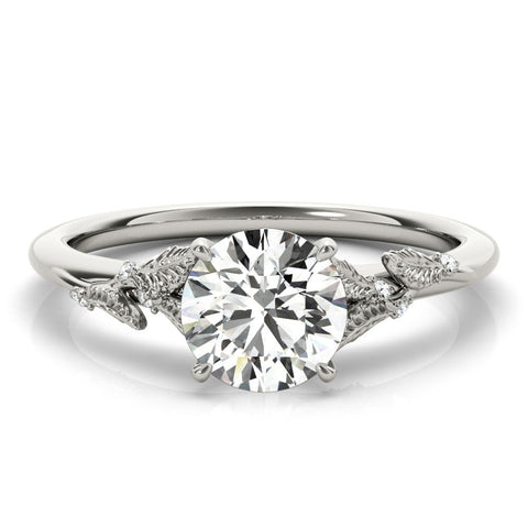 White gold Round Brilliant Solitaire with Leaf Motif Band and Four-Prong Setting