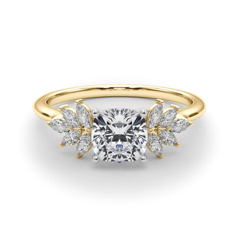 Yellow gold Cushion Diamond Floral Side Stone Solitaire with Marquise Accents and Four-Prong Setting