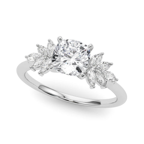 Platinum Cushion Diamond Floral Side Stone Solitaire with Marquise Accents and Four-Prong Setting