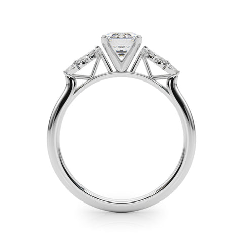 White gold Emerald Diamond Floral Side Stone Solitaire with Marquise Accents and Four-Prong Setting