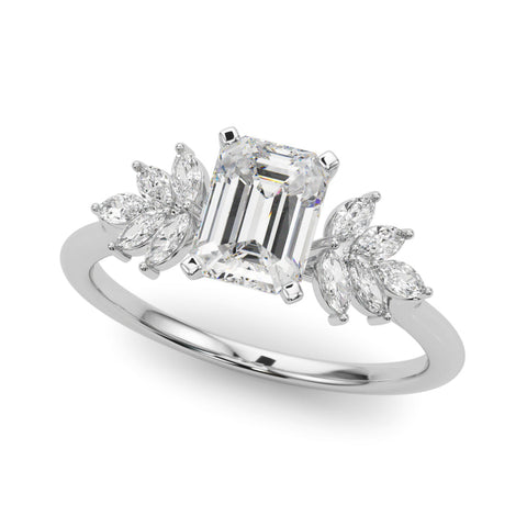 Platinum Radiant Diamond Floral Side Stone Solitaire with Marquise Accents and Four-Prong Setting