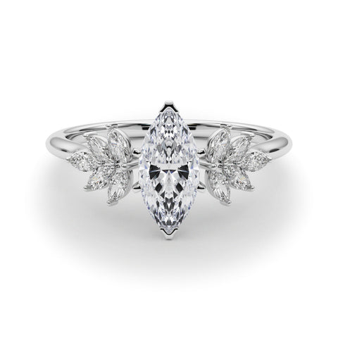 Platinum Marquise Diamond Floral Side Stone Solitaire with Marquise Accents and Four-Prong Setting