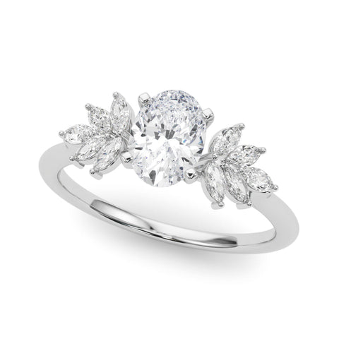 Platinum Oval Diamond Floral Side Stone Solitaire with Marquise Accents and Four-Prong Setting