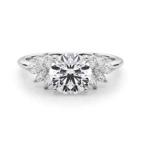 Platinum Round Diamond Floral Side Stone Solitaire with Marquise Accents and Four-Prong Setting
