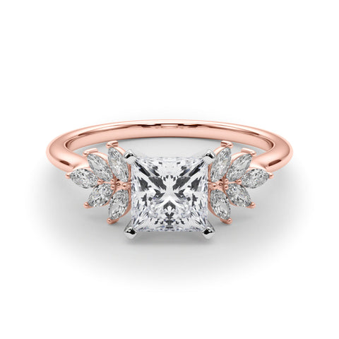 Rose gold Princess Diamond Floral Side Stone Solitaire with Marquise Accents and Four-Prong Setting