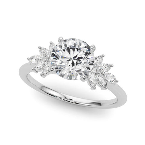 Platinum Round Diamond Floral Side Stone Solitaire with Marquise Accents and Four-Prong Setting