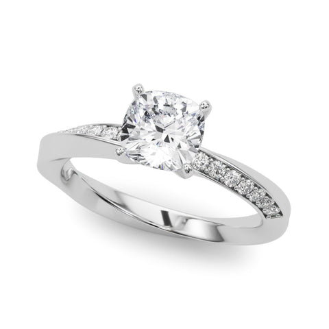 Platinum Cushion Solitaire Diamond Engagement Ring with Side Stone Accents and Four-Prong Setting