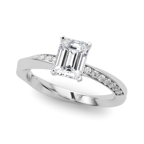 Platinum Emerald Solitaire Diamond Engagement Ring with Side Stone Accents and Four-Prong Setting