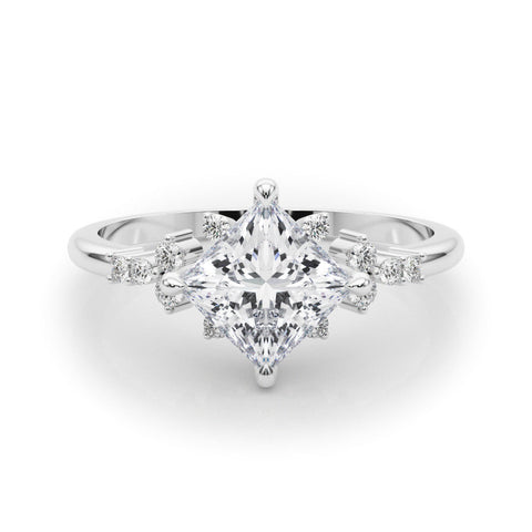 Silver Princess Cut Diamond Ring with Side Stones on a Silver Band and Four-Prong Setting