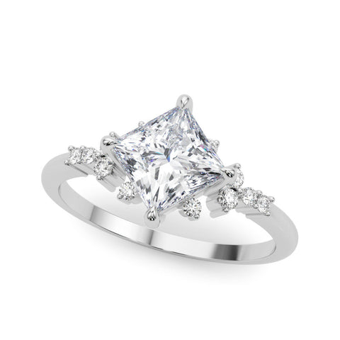 Silver Princess Cut Diamond Ring with Side Stones on a Silver Band and Four-Prong Setting