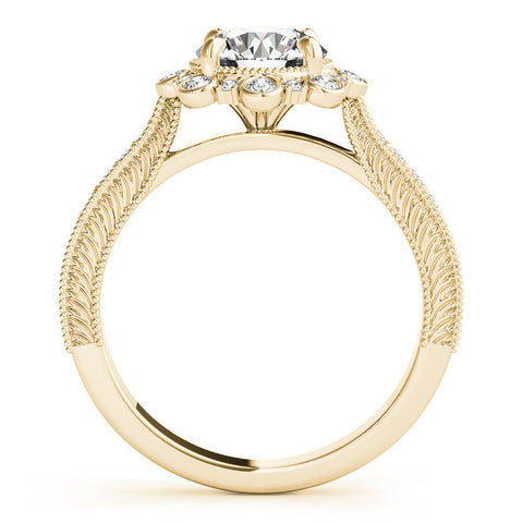 Yellow gold Round Halo Milgrain Pave Diamond Ring with Four-Prong Setting