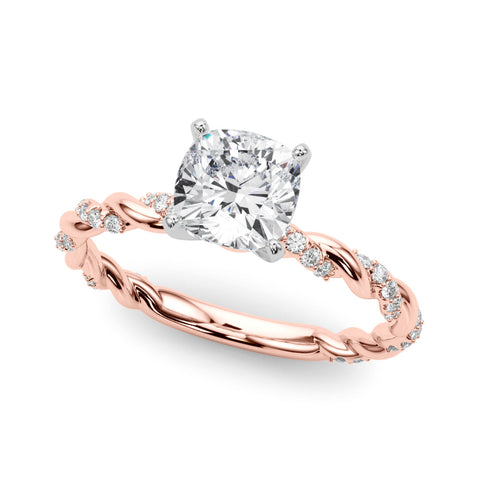 Rose gold Cushion Solitaire Twisted Band with Pavé Accents and Four-Prong Setting