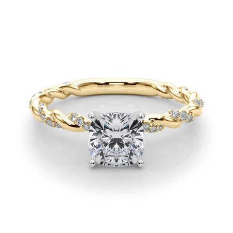 Yellow gold Cushion Solitaire Twisted Band with Pavé Accents and Four-Prong Setting