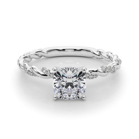 Silver Cushion Solitaire Twisted Band with Pavé Accents and Four-Prong Setting
