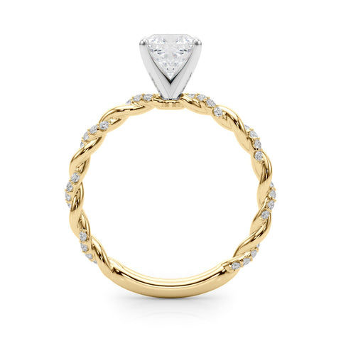 Yellow gold Cushion Solitaire Twisted Band with Pavé Accents and Four-Prong Setting