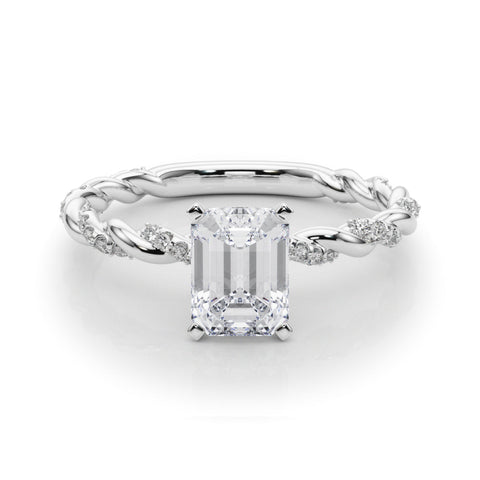 Platinum Emerald Solitaire Twisted Band with Pavé Accents and Four-Prong Setting