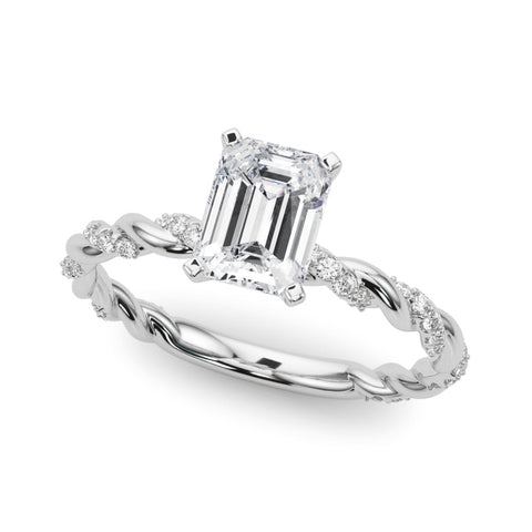 Platinum Emerald Solitaire Twisted Band with Pavé Accents and Four-Prong Setting