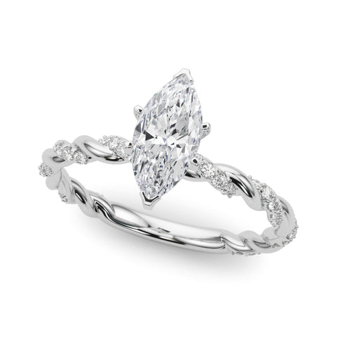 Silver Marquise Solitaire Twisted Band with Pavé Accents and Four-Prong Setting