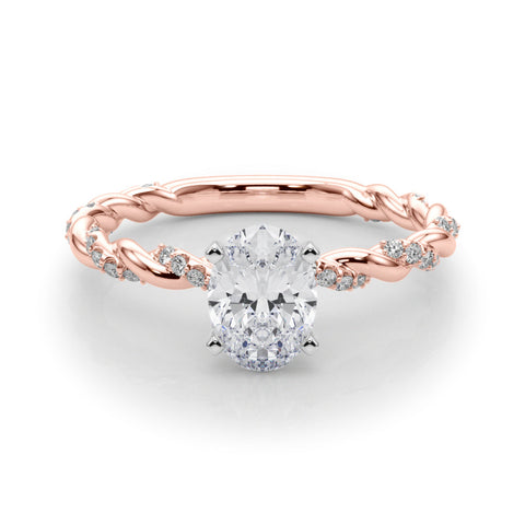 Rose gold Oval Solitaire Twisted Band with Pavé Accents and Four-Prong Setting