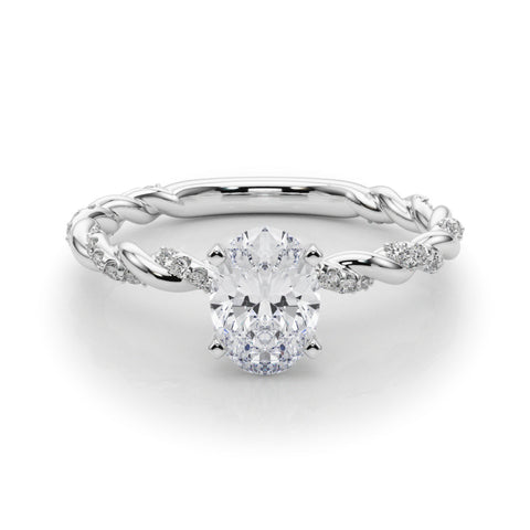 Silver Oval Solitaire Twisted Band with Pavé Accents and Four-Prong Setting