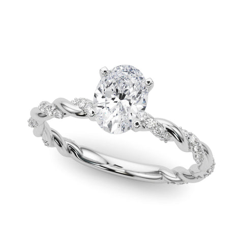 Silver Oval Solitaire Twisted Band with Pavé Accents and Four-Prong Setting