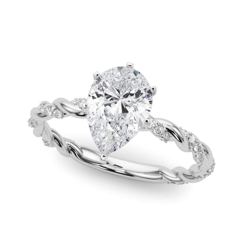 Silver Pear Solitaire Twisted Band with Pavé Accents and Four-Prong Setting