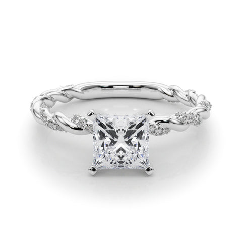 Silver Princess Solitaire Twisted Band with Pavé Accents and Four-Prong Setting